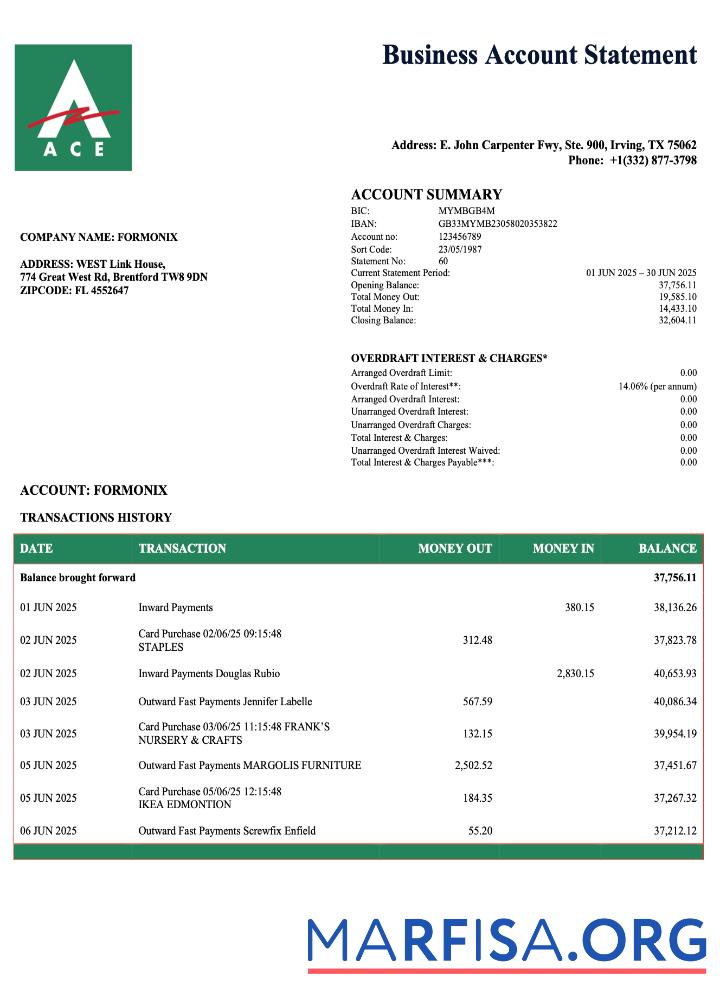 Blank USA ACE business checking account statement Word and PDF template